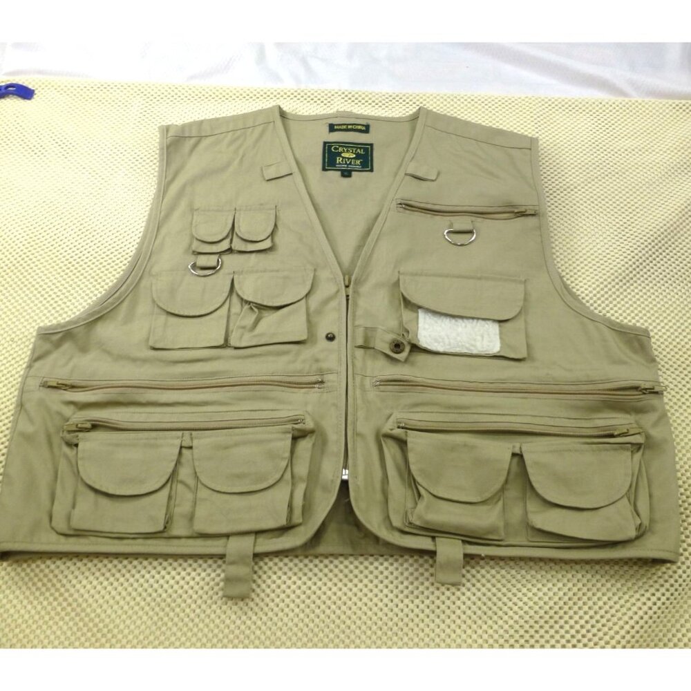 Crystal River XL Khaki Cotton Fishing Vest With Pockets & D-Rings Machine Washab